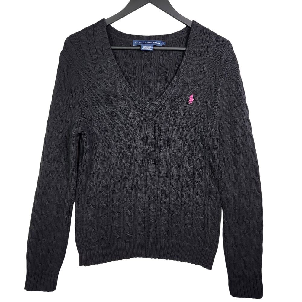 Ralph Lauren Sport Cable Knit Sweater Womens L Black Pink Pony Preppy Y2K V Neck